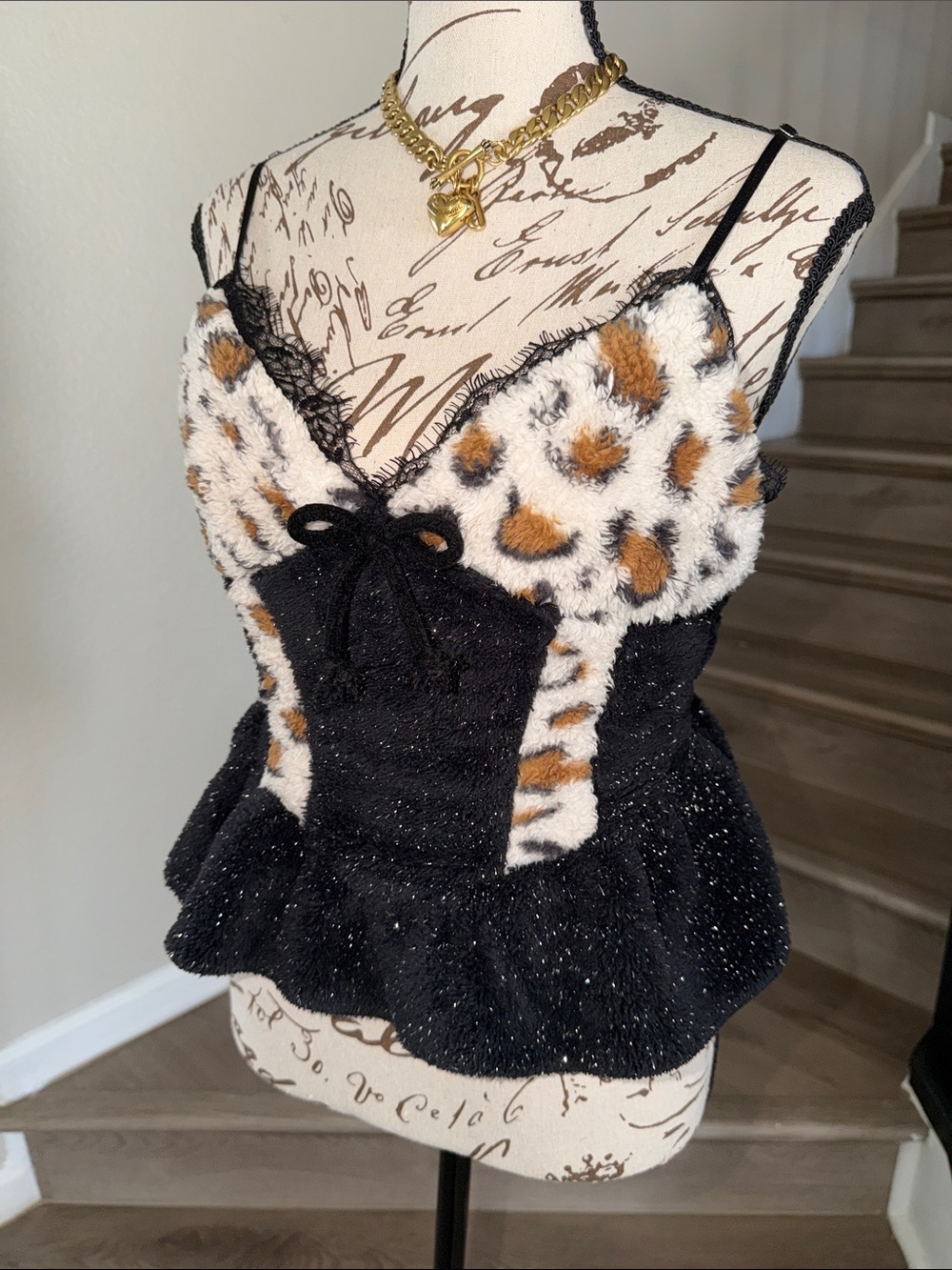Fuzzy Leopard Trim Sparkle Black Cami Dress